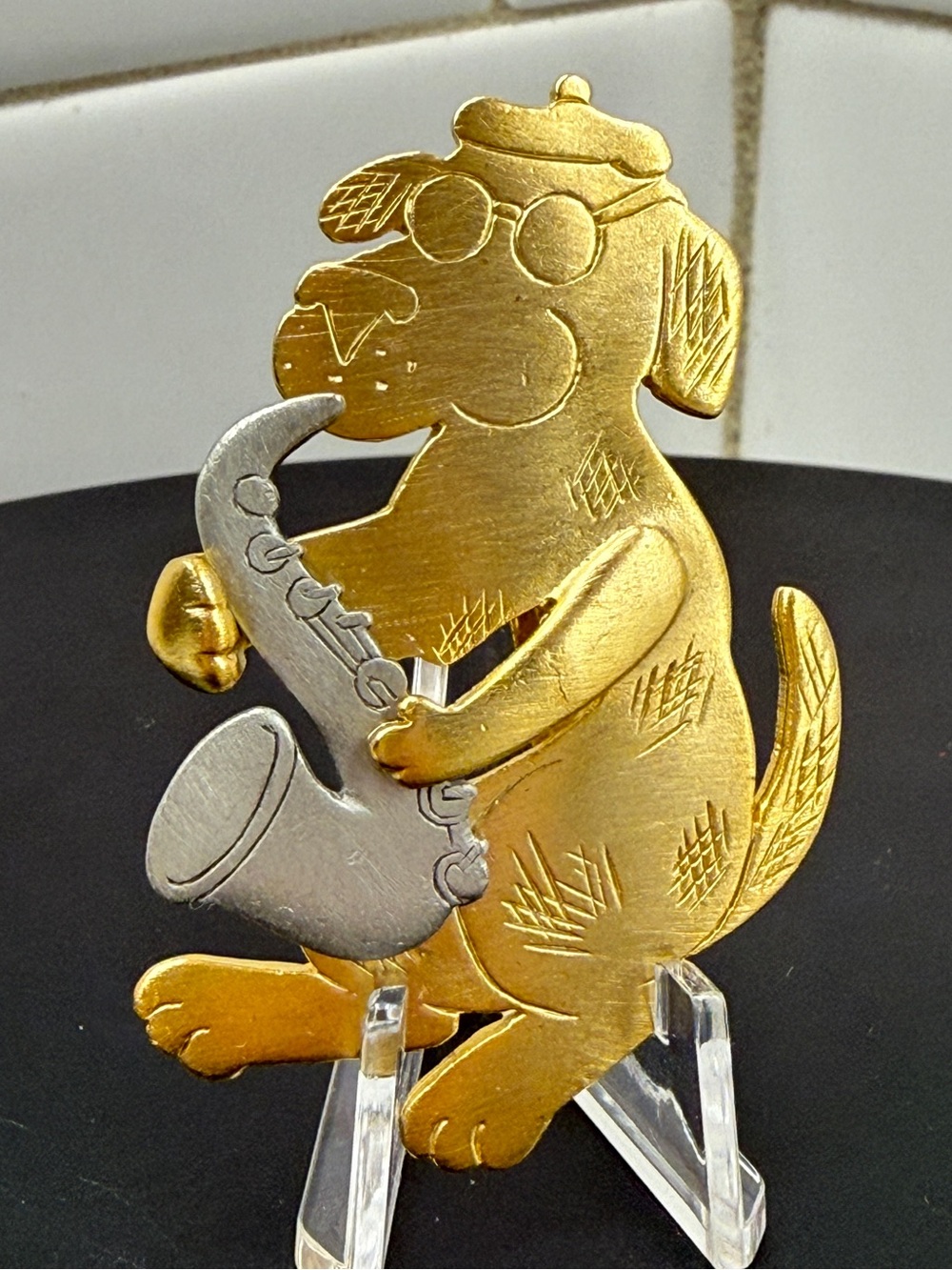 Jazz Dog Saxophone Brooch Gold Silver Tone JJ Jonette Vintage Pin